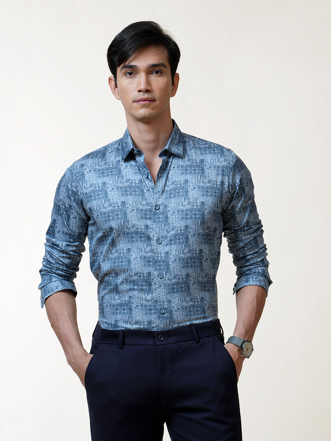 Silver Blue Art Deco Printed Shirt Printed shirts for men