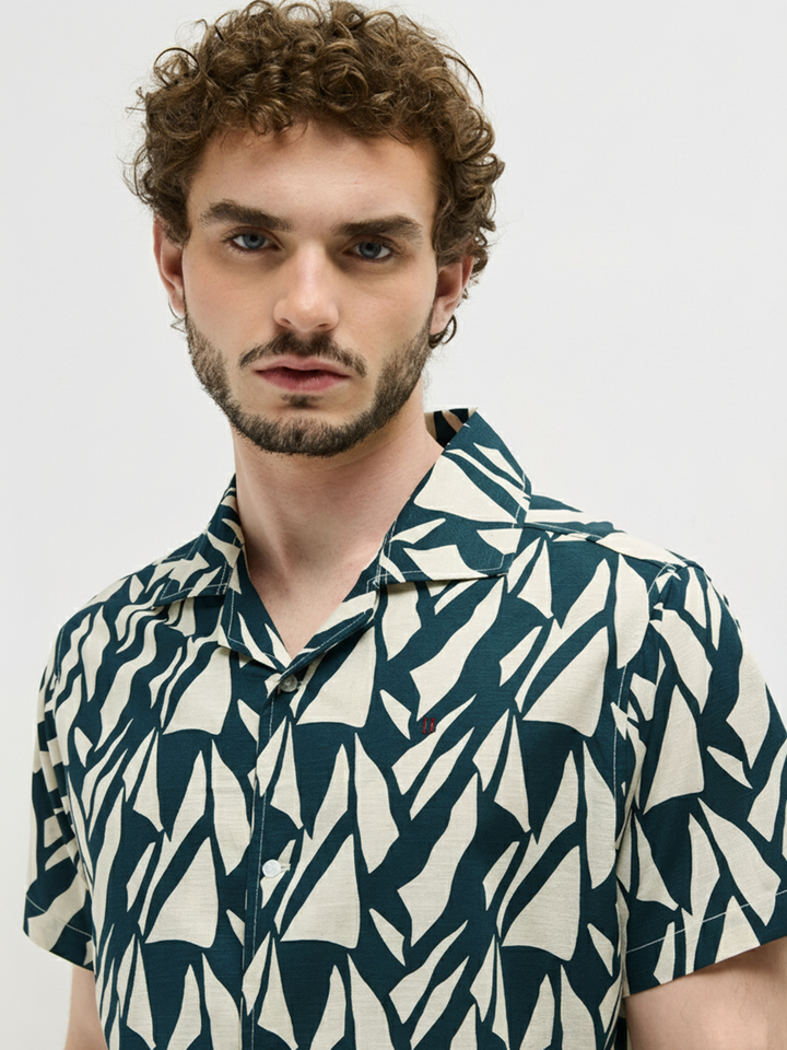 Dark Teal Blue Geometric Printed Casual Shirt
