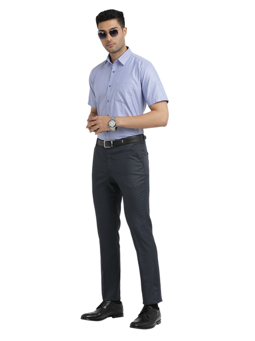 Navy Melange Cotton Formal Trousers