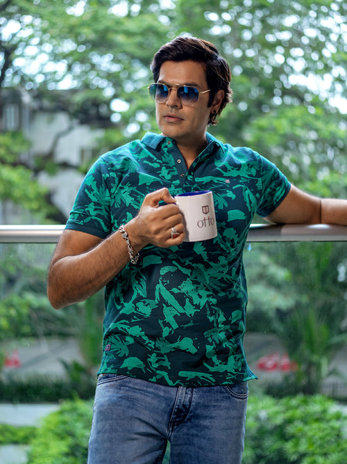 Green Printed Polo T Shirt