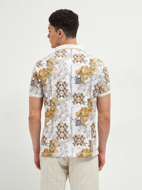 Beige Printed Polo T Shirt