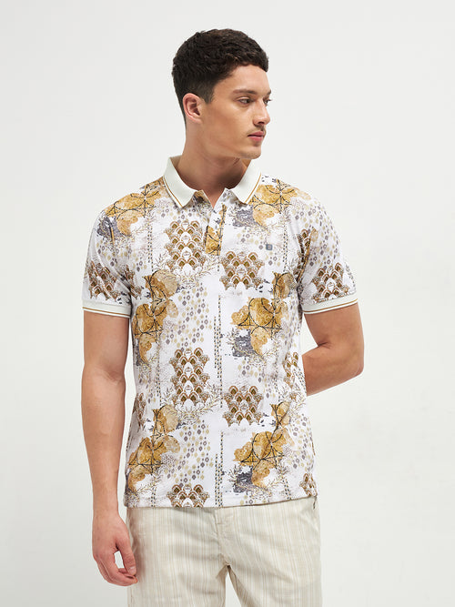 Beige Printed Polo T Shirt