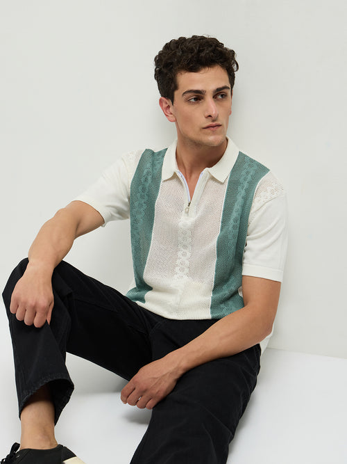 Green Zipper Stripes Polo T Shirt