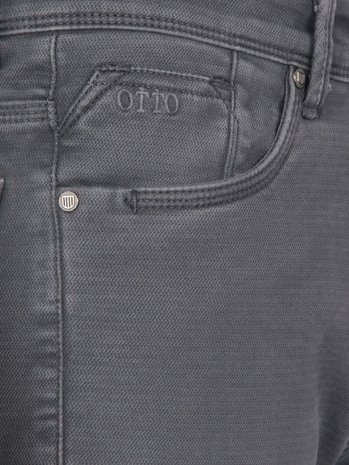 Dark Grey Denim Cotton Stretch Solid Trousers