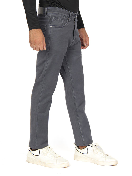 Dark Grey Denim Cotton Stretch Solid Trousers