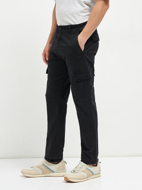 Black Denim Cotton Casual Cargo Trouser