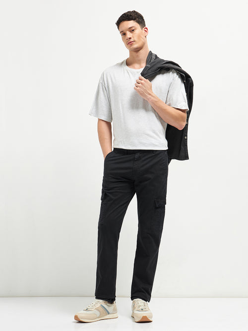Black Denim Cotton Casual Cargo Trouser