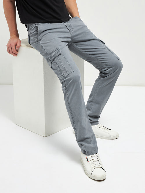 Grey Denim Cotton Casual Cargo Trouser