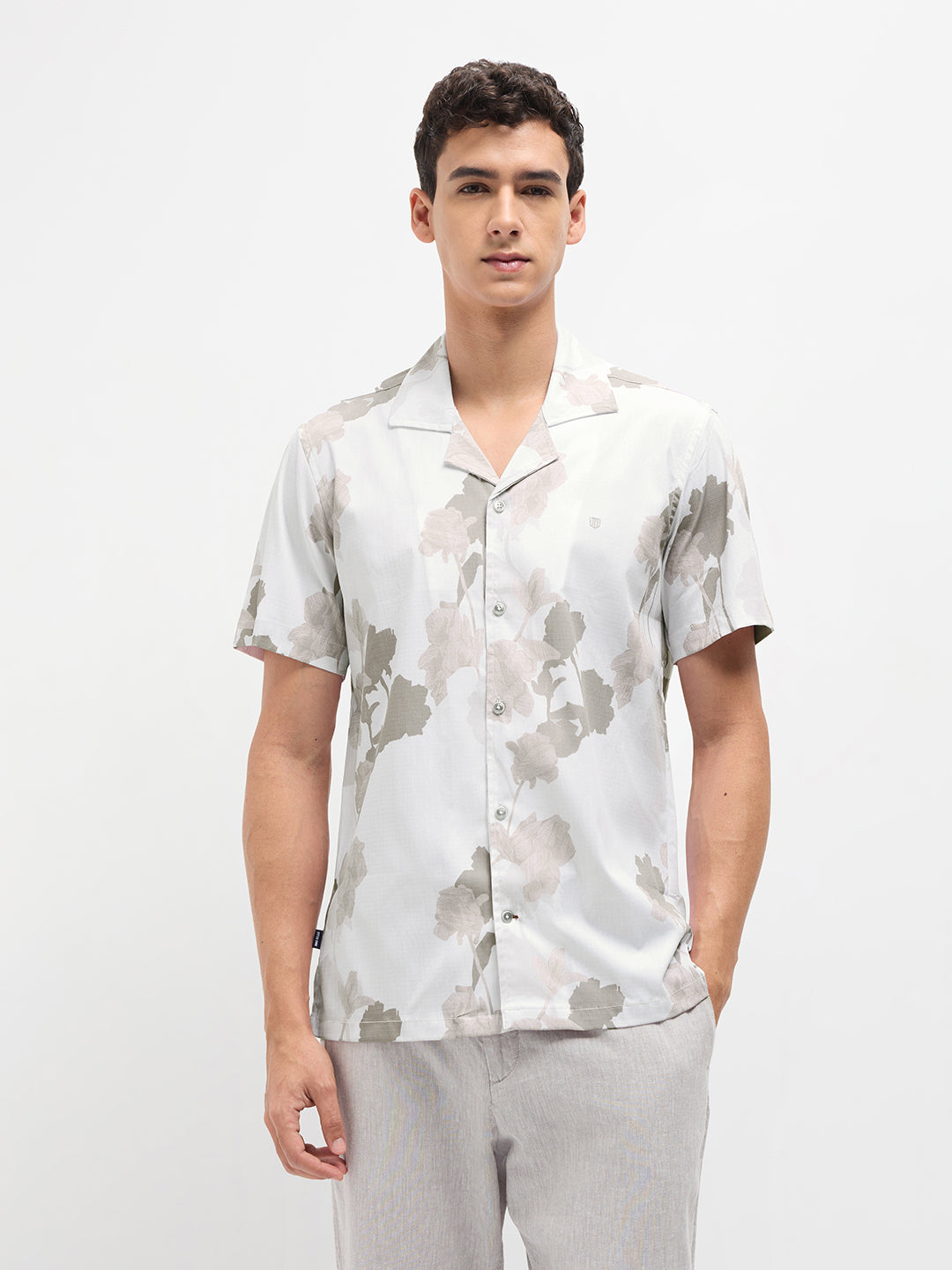 Cement Grey Floral Printed Casual Shirt