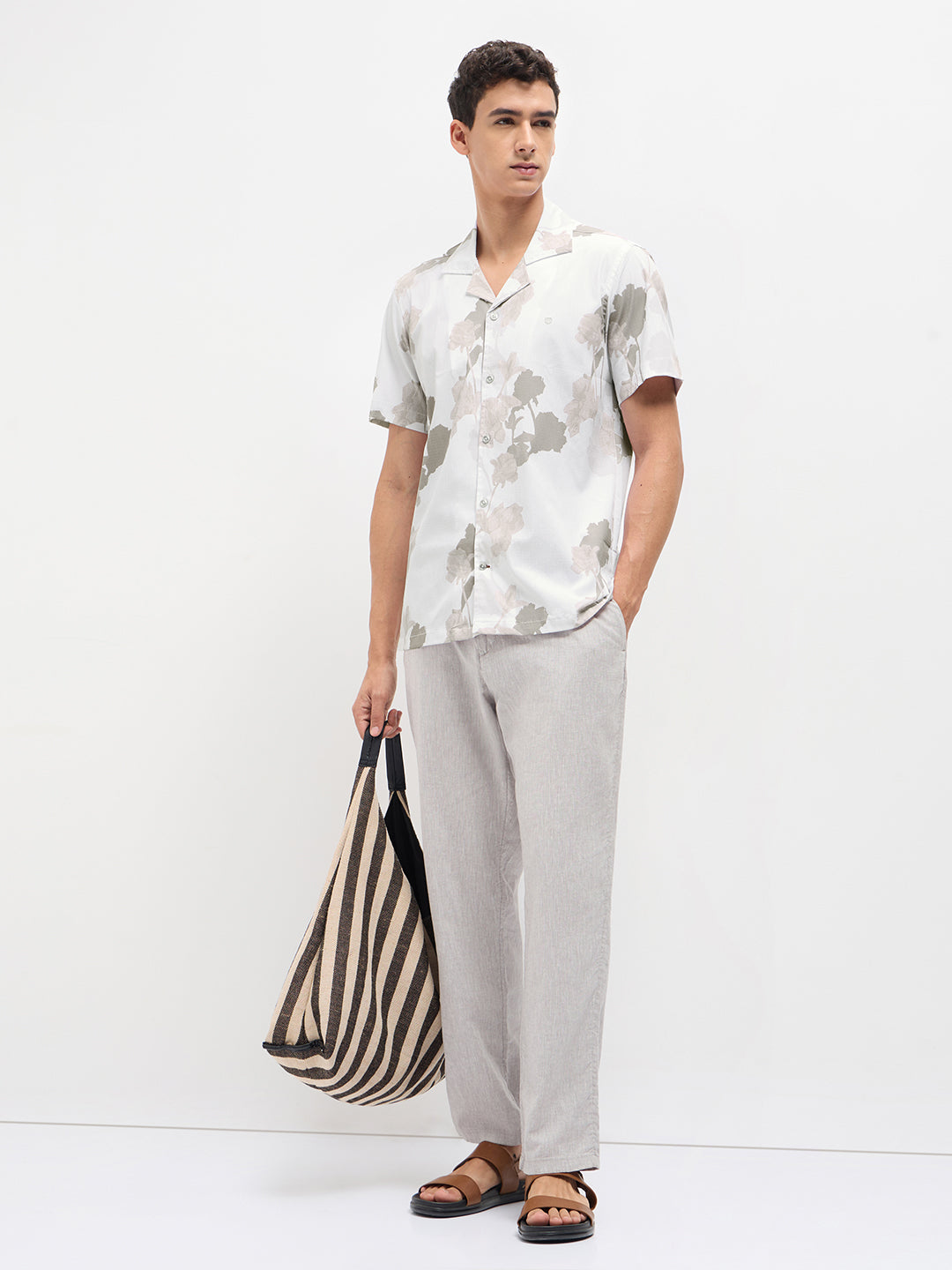 Cement Grey Floral Printed Casual Shirt