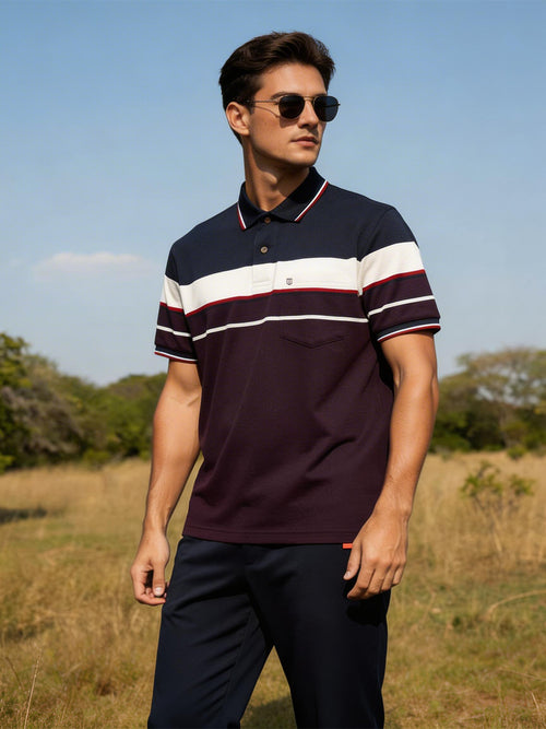 Purple Horizontal Stripes Polo T Shirt