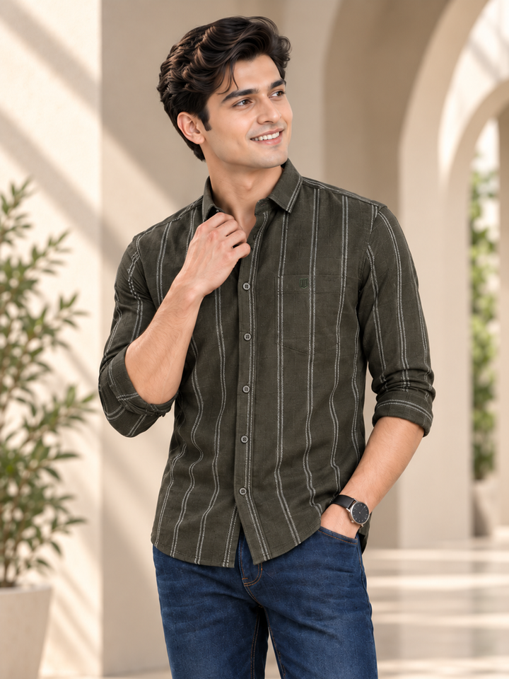 Leaf Green Vertical Stripes Casual Shirt
