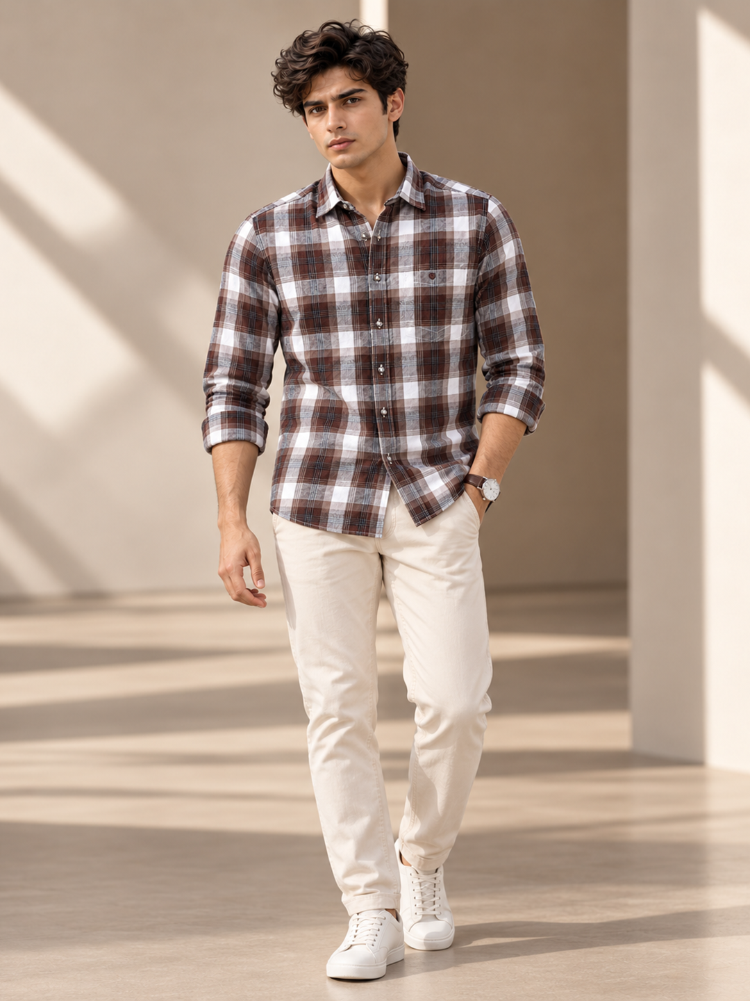 Pine Brown and Off White Checkered Casual Shirt