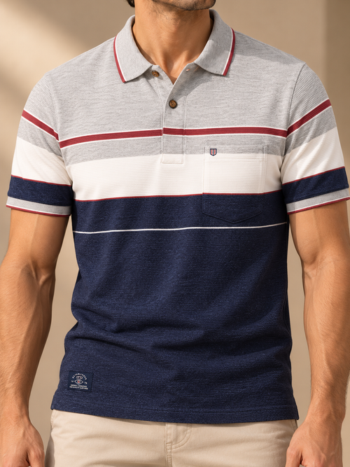 Light Grey and Navy Horizontal Stripes Polo T Shirt