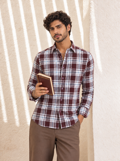 Dark Wine Checkered Casual Shirt