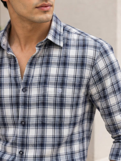 Deep Slate Blue and White Checkered Casual Shirt