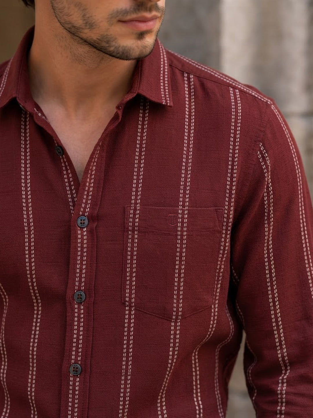 Deep Burgundy Vertical Stripes Casual Shirt