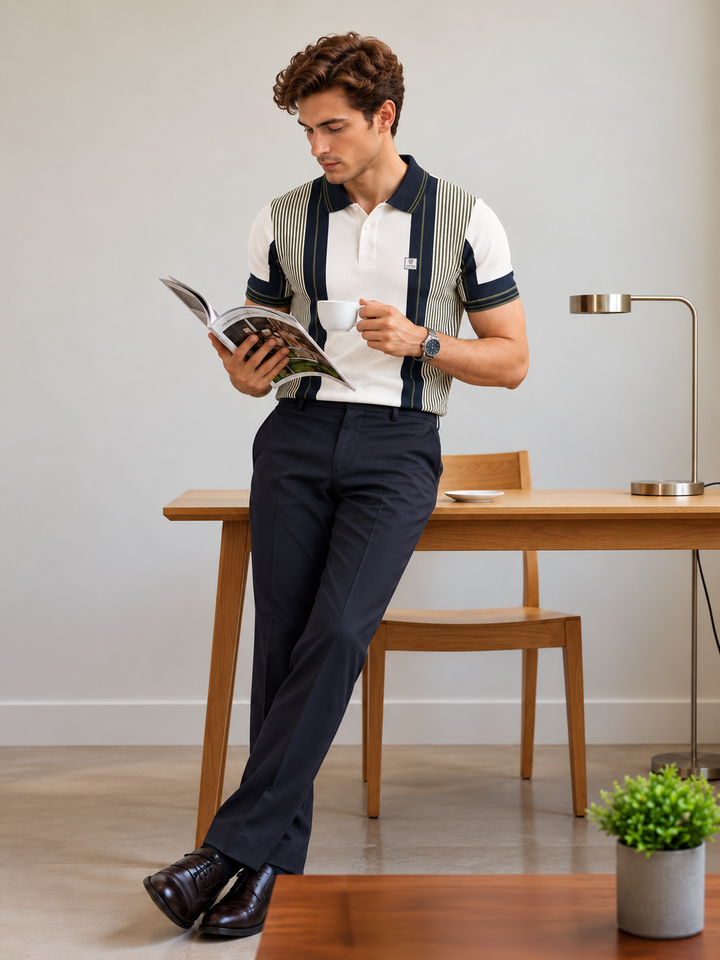 Ivory White and Blue  Stripes Textured Polo T Shirt