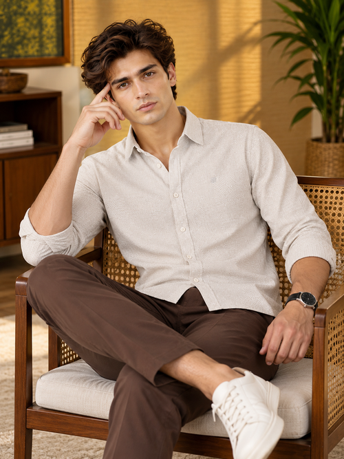 Pale Beige Embroidery Printed Casual Shirt