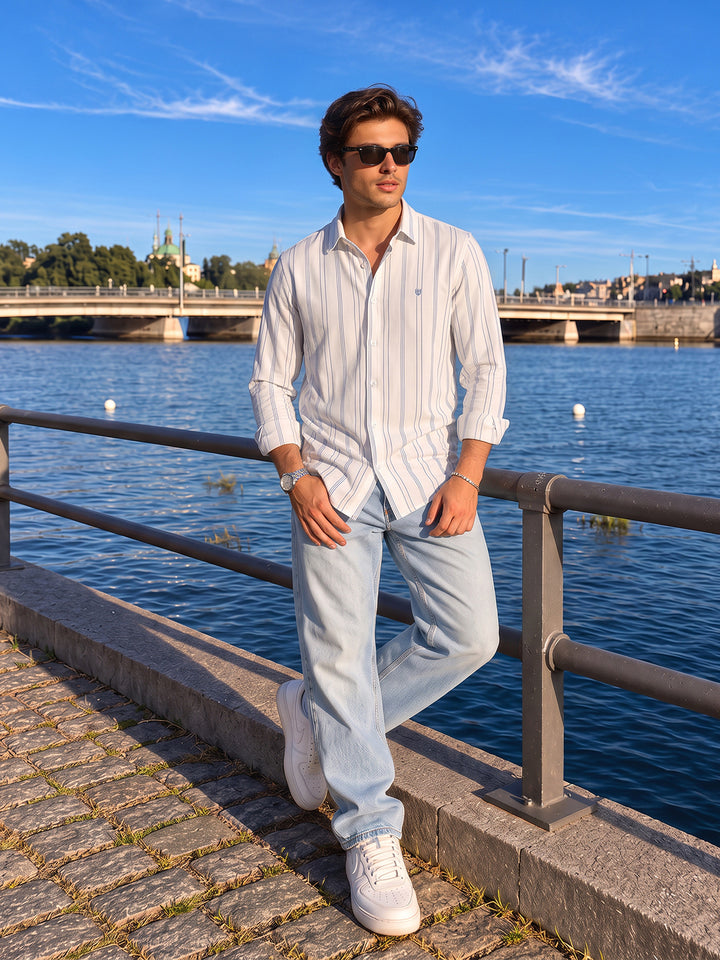 White and Steel Blue Vertical Stripes Casual Shirt