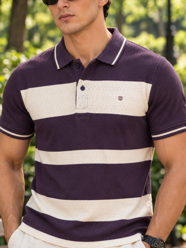 Deep Plum and Ivory White Horizontal Striped Textured Polo T Shirt