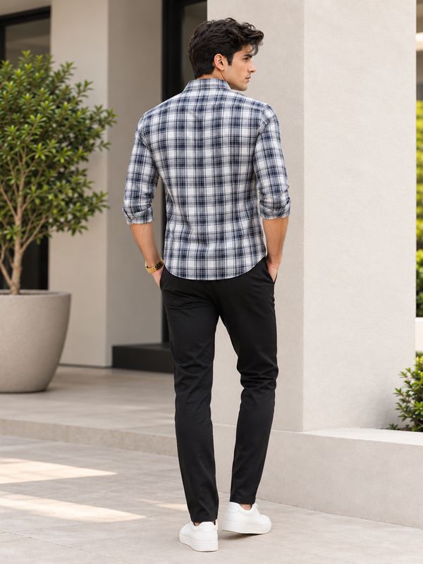 Deep Slate Blue and White Checkered Casual Shirt