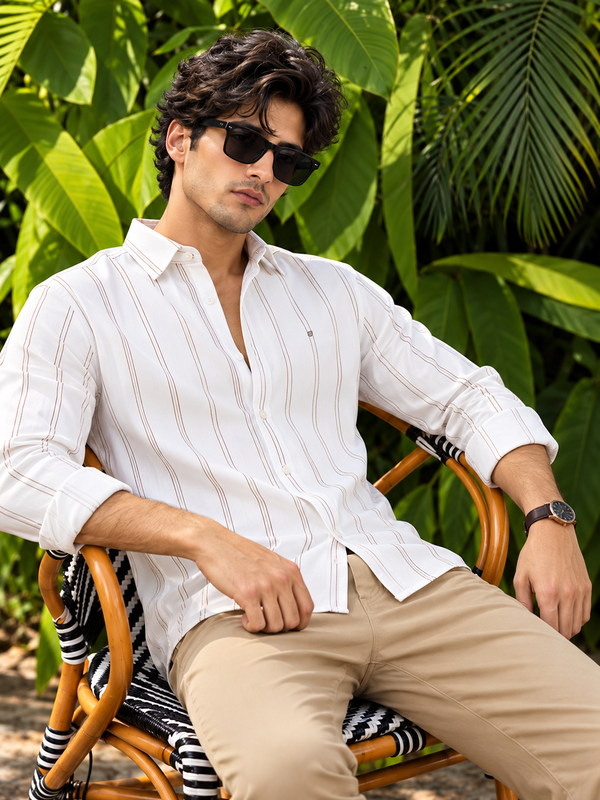 Ivory White and Cider Brown Vertical Stripes Casual Shirt