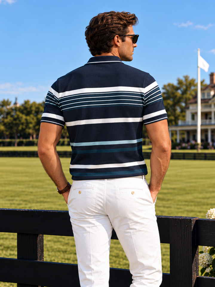 Navy and White Horizontal Stripes Polo T Shirt