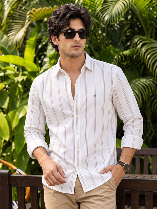 Ivory White and Cider Brown Vertical Stripes Casual Shirt