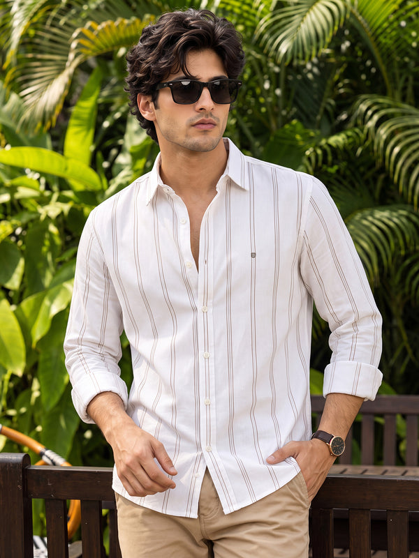 Ivory White and Cider Brown Vertical Stripes Casual Shirt