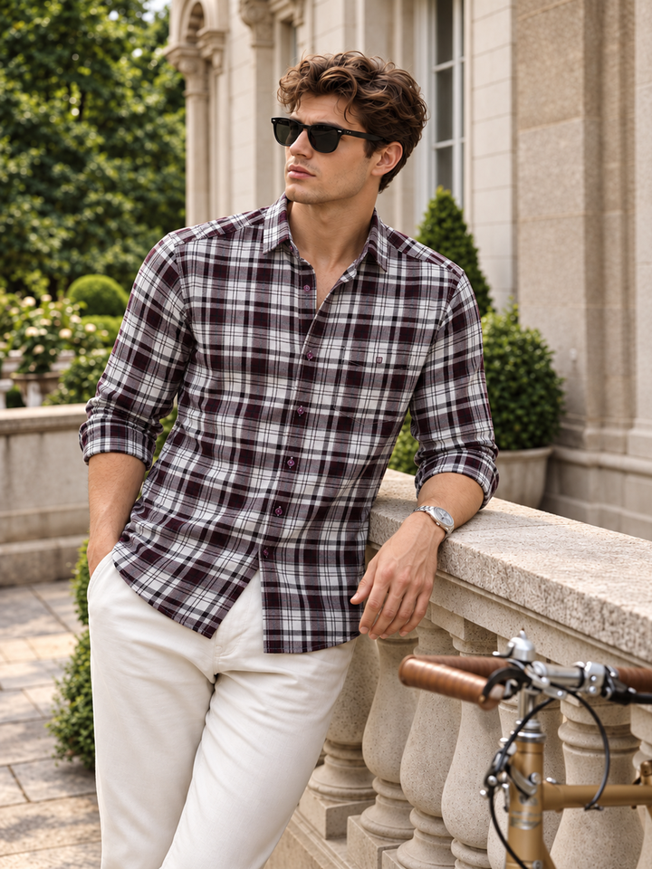 Berry and White Checkered Casual Shirt