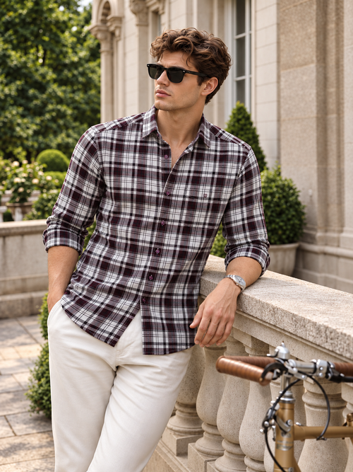 Berry and White Checkered Casual Shirt