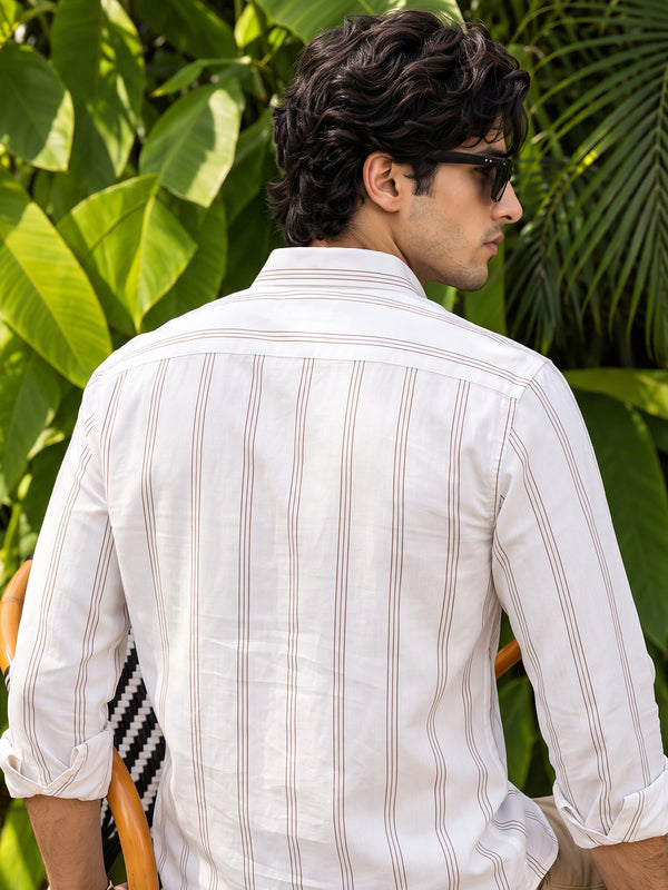 Ivory White and Cider Brown Vertical Stripes Casual Shirt