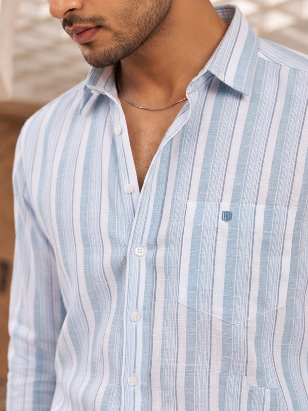 Ash Blue and White Vertical Stripes Casual Shirt