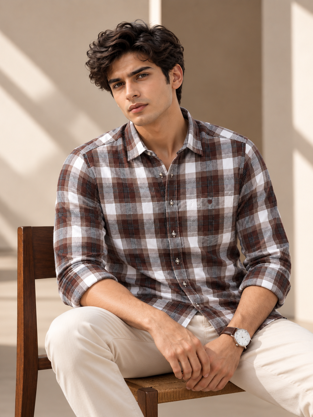 Pine Brown and Off White Checkered Casual Shirt