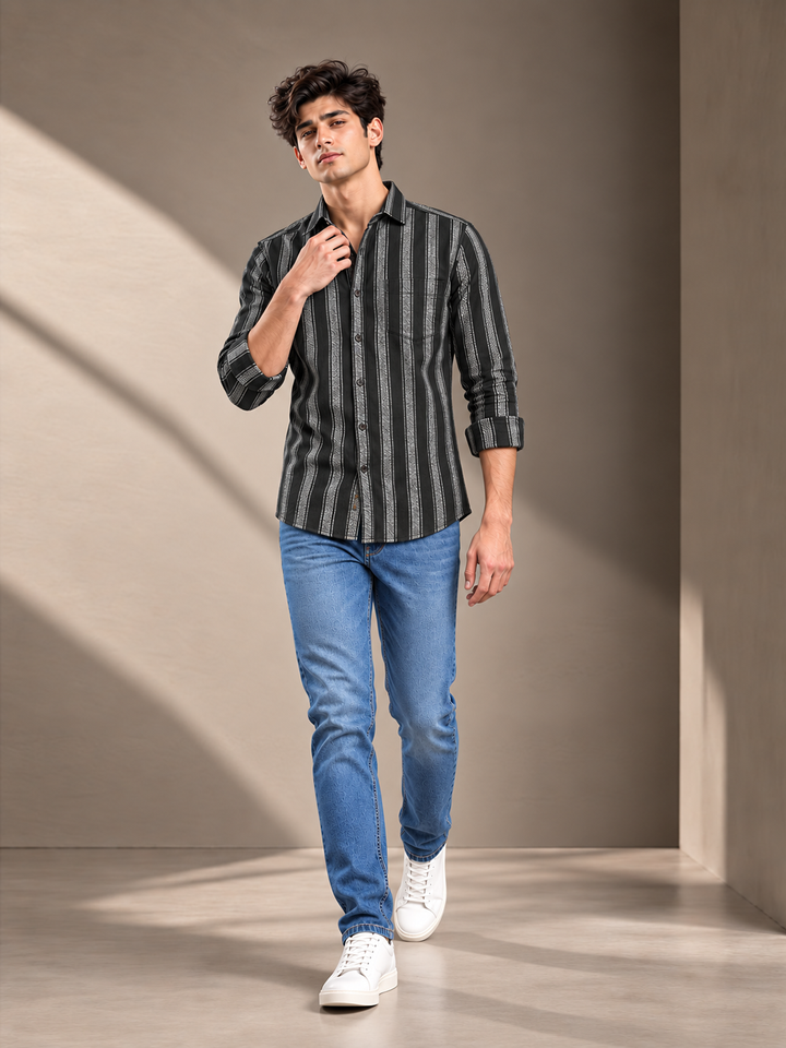 Core Black and Grey Vertical Stripes Casual Shirt