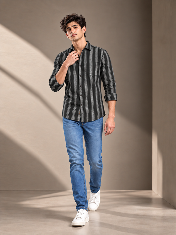 Core Black and Grey Vertical Stripes Casual Shirt