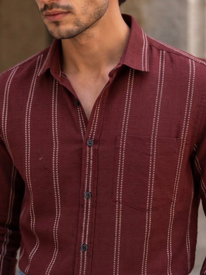 Deep Burgundy Vertical Stripes Casual Shirt