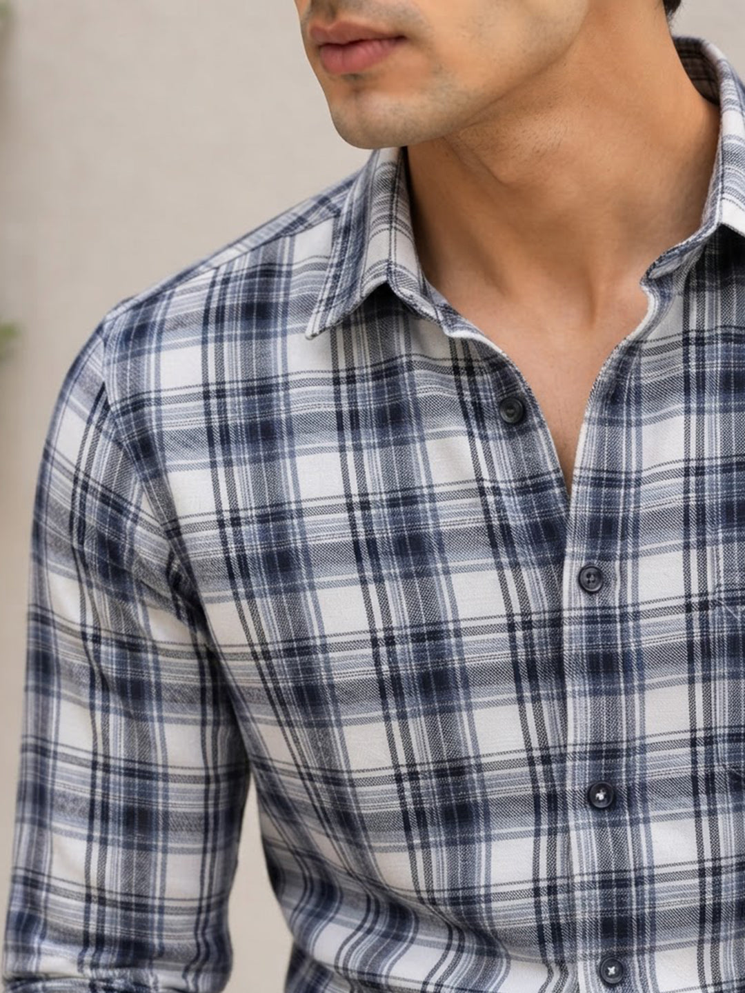 Deep Slate Blue and White Checkered Casual Shirt