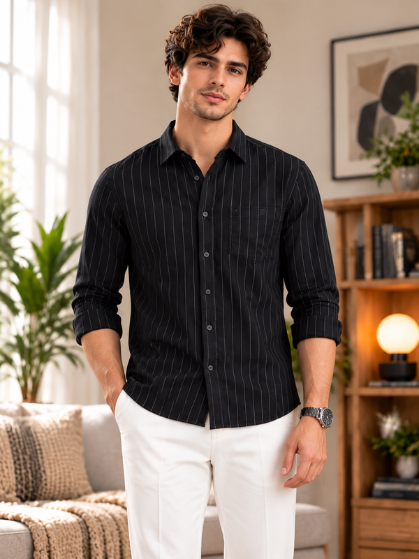 Carbon Black and White Embroid Vertical Stripes Casual Shirt