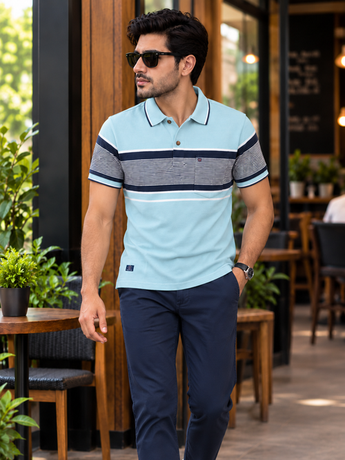 Deep Sky Blue Horizontal Stripes Casual Shirt