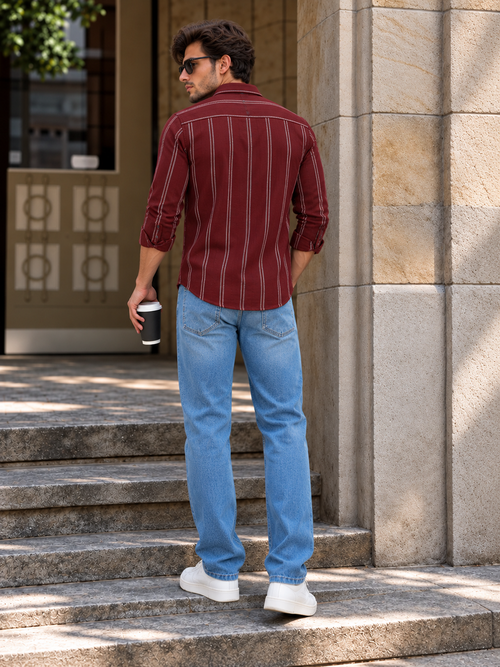 Deep Burgundy Vertical Stripes Casual Shirt