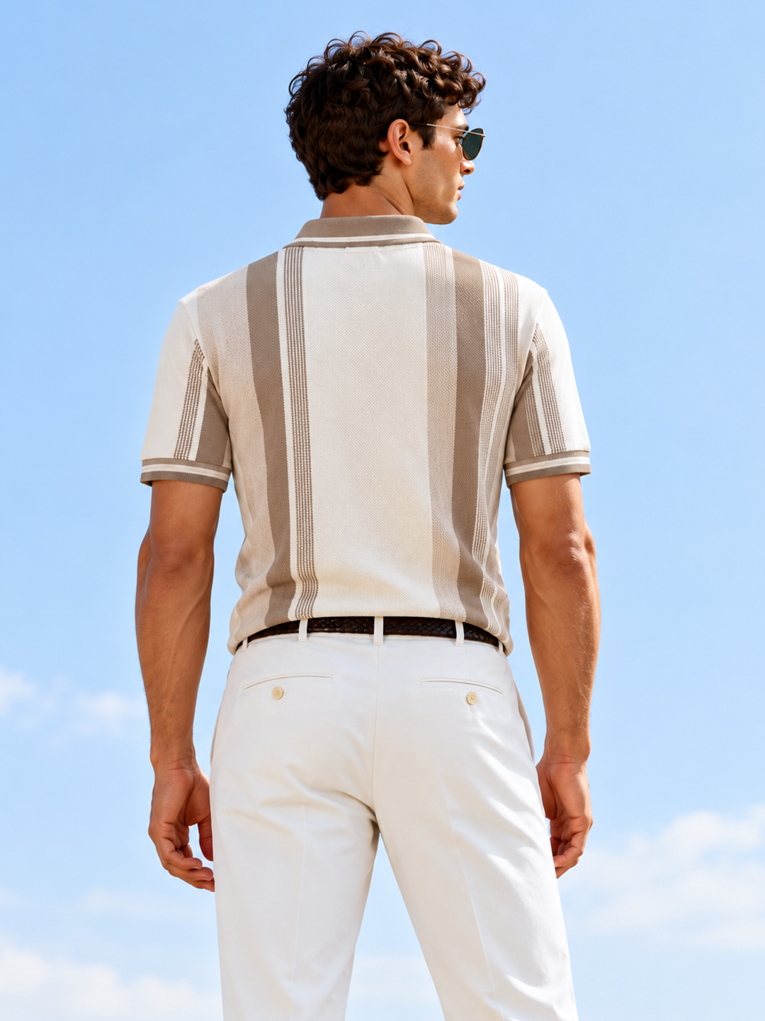 Beige and Ivory White Textured Vertical Stripes Polo T Shirt