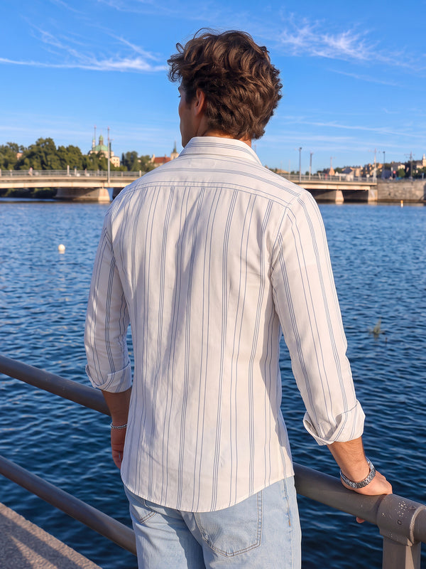 White and Steel Blue Vertical Stripes Casual Shirt