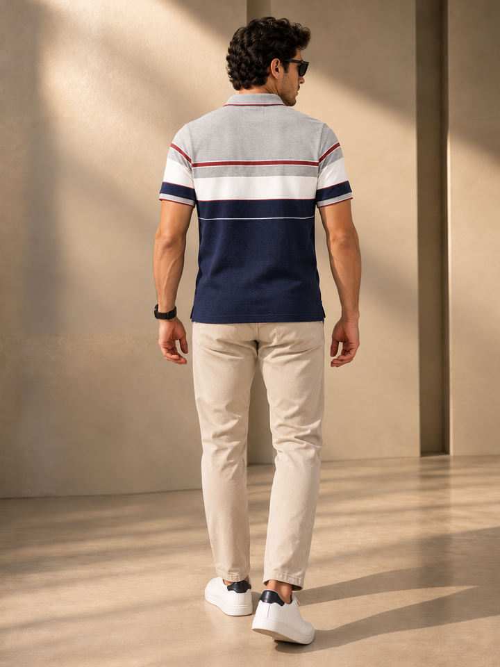 Light Grey and Navy Horizontal Stripes Polo T Shirt