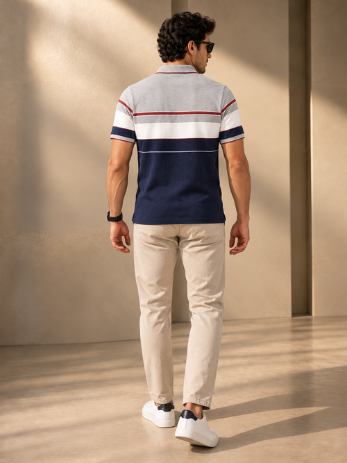 Light Grey and Navy Horizontal Stripes Polo T Shirt