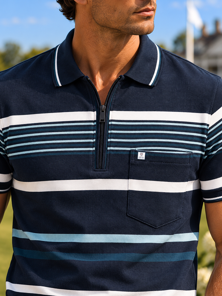 Navy and White Horizontal Stripes Polo T Shirt
