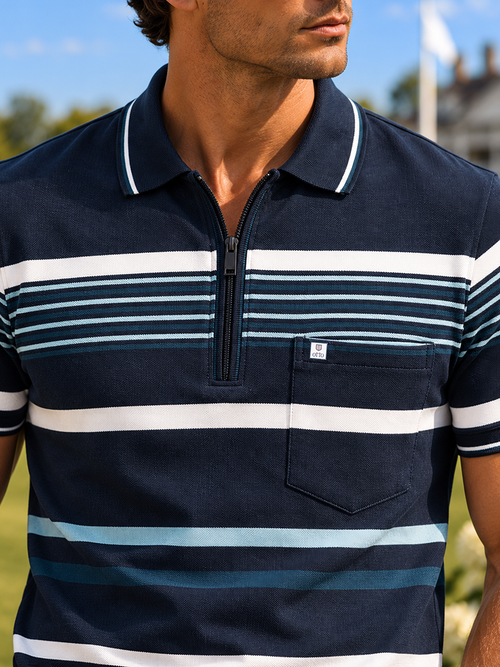 Navy and White Horizontal Stripes Polo T Shirt