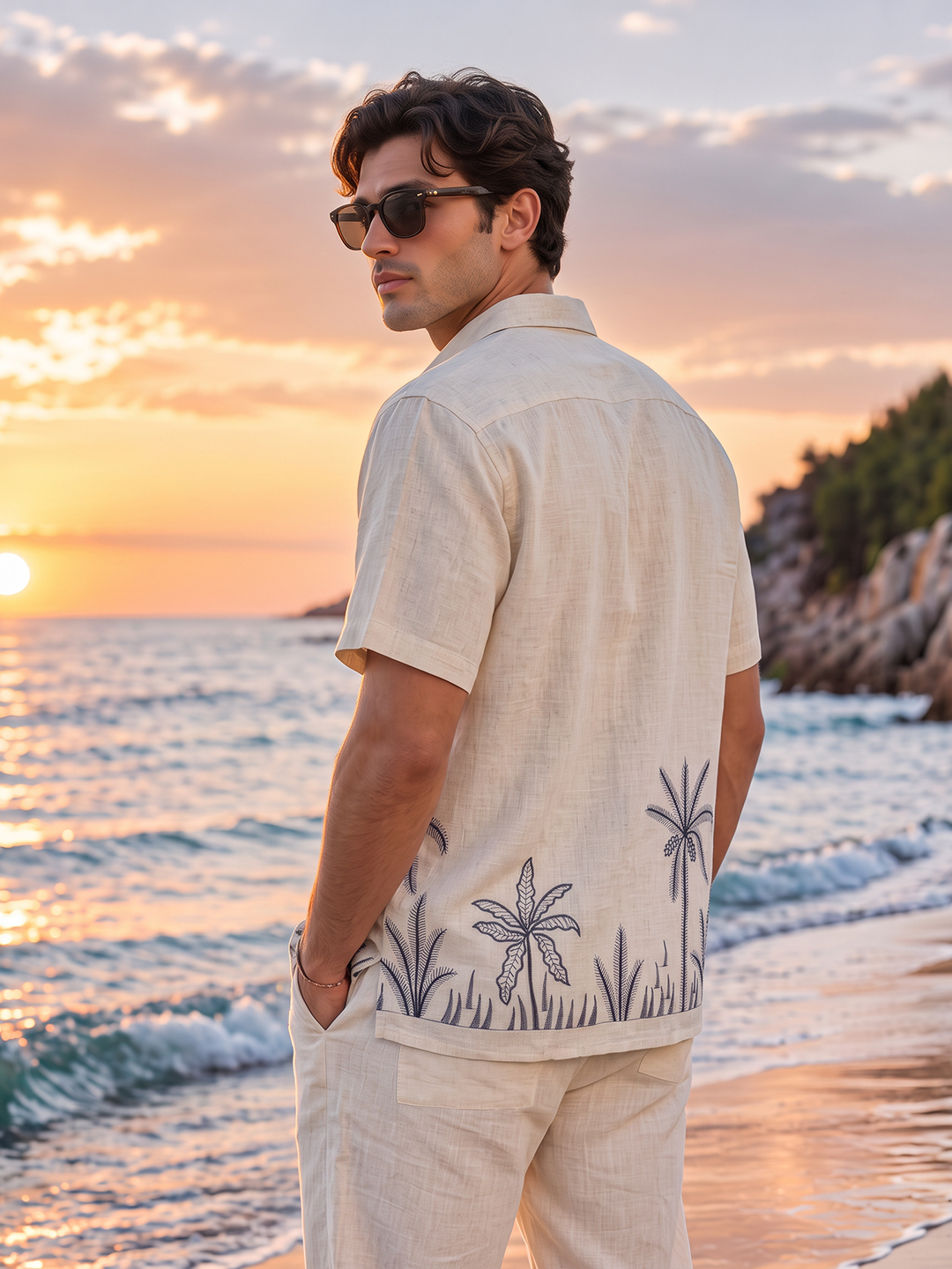 Beige and Blue Palm Tree Printed Urban Casual Shirt