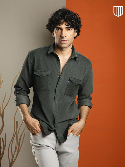 Olive Green Corduroy Plain Shirt